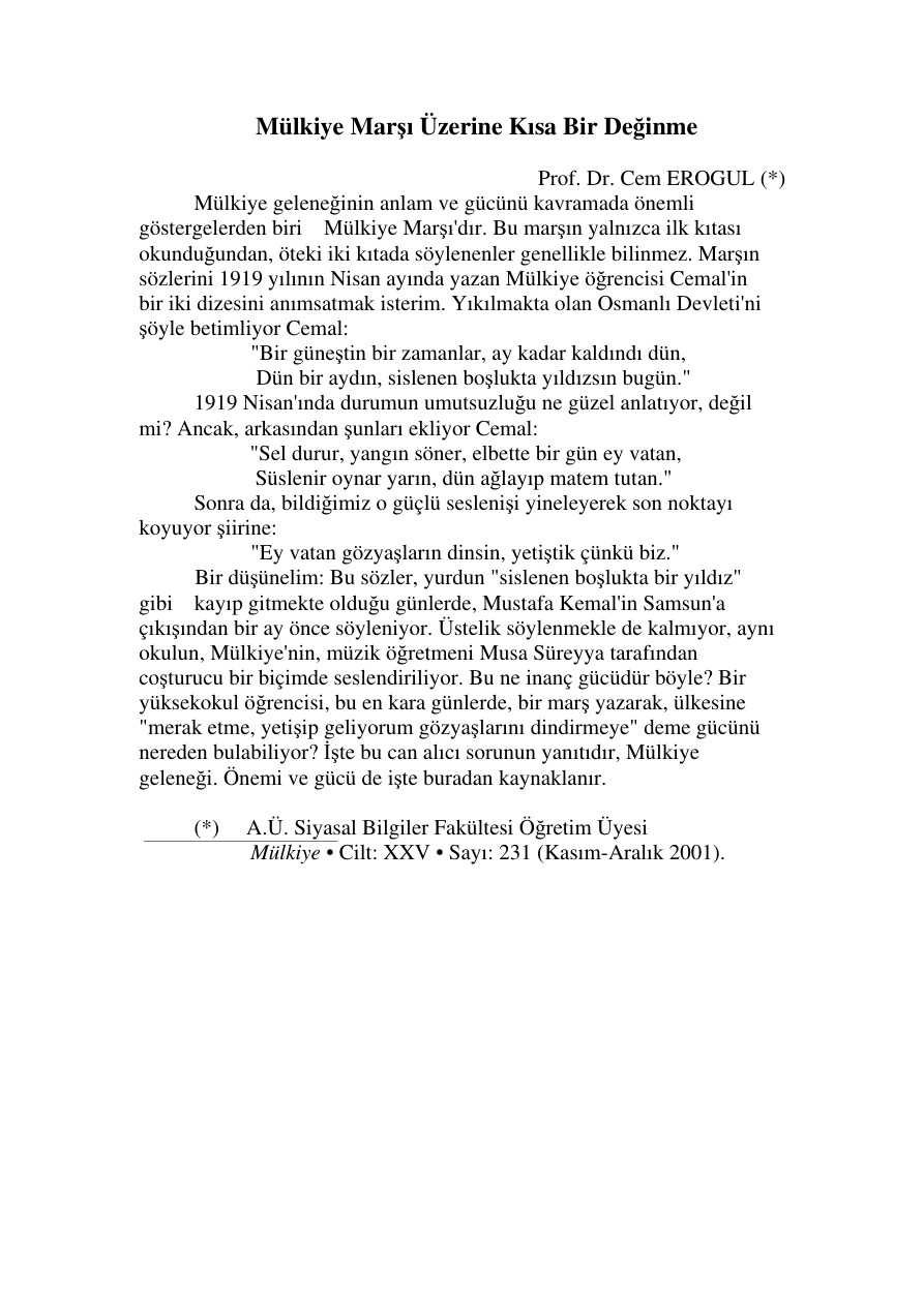 Mülkiye Marşı Üzerine Kısa Bir Değinme PDF – Cem Eroğul