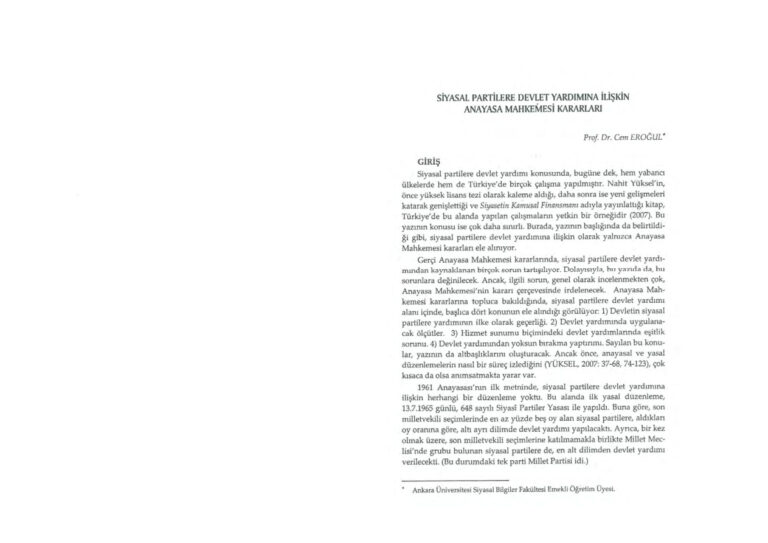 Cem Eroğul Siyasal Partilere Devlet Yardımına İlişkin Anayasa Mahkemesi Kararları Kitap Kapağı