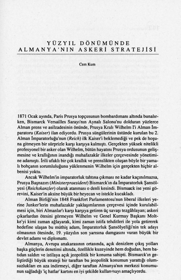 Yüzyıl Dönümünde Almanya’nın Askeri Stratejisi PDF – Cem Kum