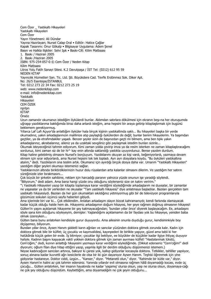 Yastıkaltı Hikayeleri PDF – Cem Özer