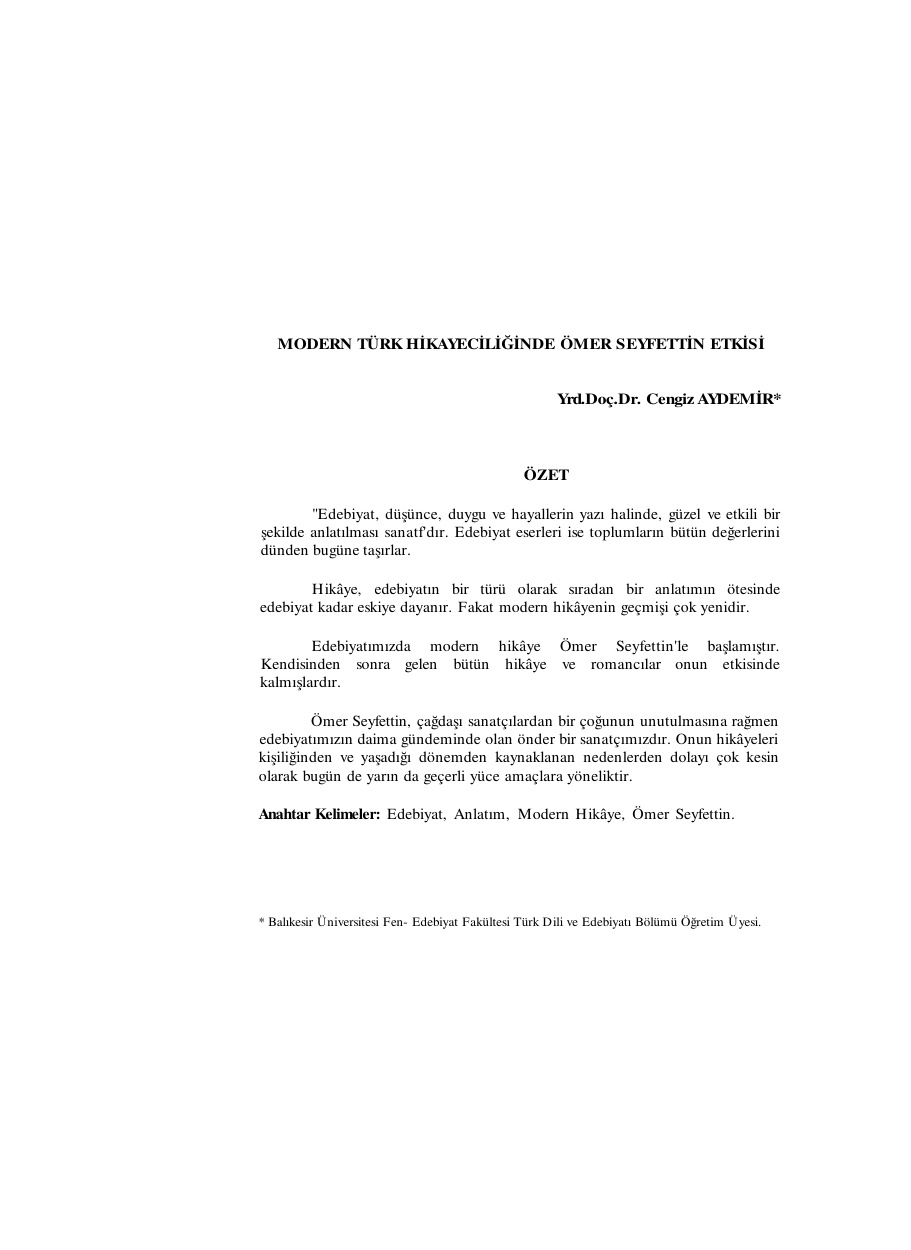Modern Türk Hikâyeciliğinde Ömer Seyfettin Etkisi PDF – Cengiz Aydemir