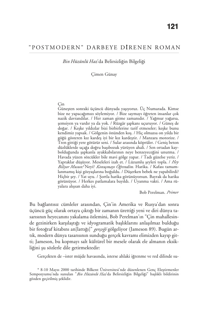 Postmodern Darbeye Direnen Roman: Bin Hüzünlü Haz’da Belirsizliğin Bilgeliği PDF – Çimen Günay Erkol