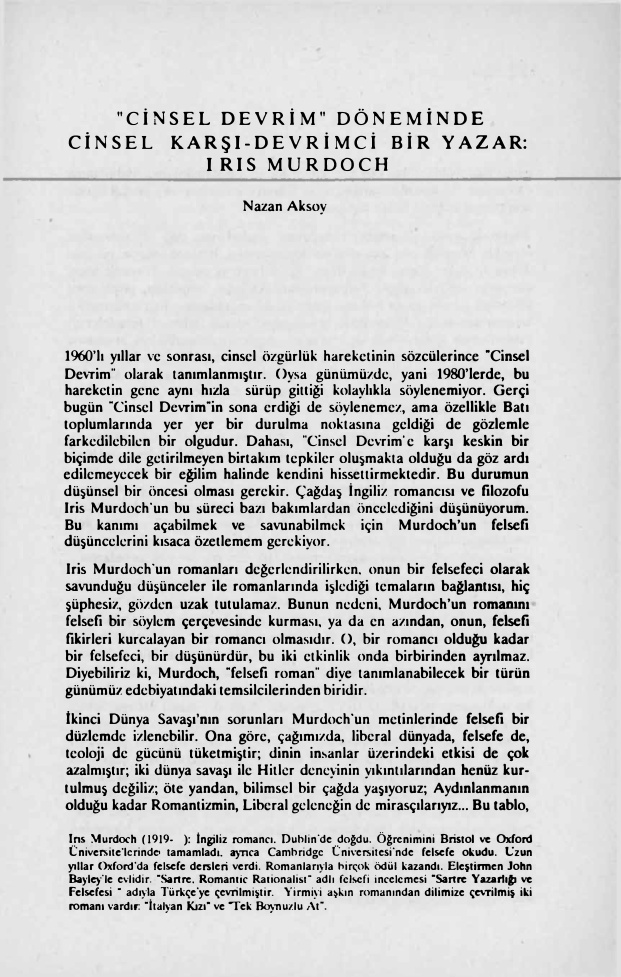 Iris Murdoch: Cinsel Devrim Döneminde Cinsel Karşı-Devrimci Bir Yazar PDF – Nazan Aksoy