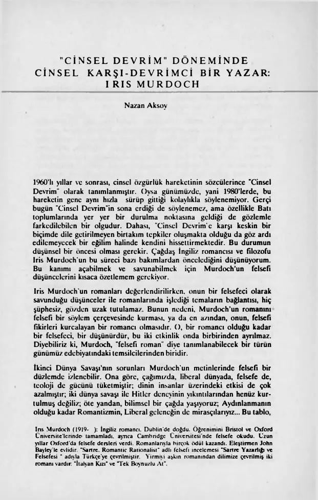 Iris Murdoch: Cinsel Devrim Döneminde Cinsel Karşı-Devrimci Bir Yazar PDF – Nazan Aksoy