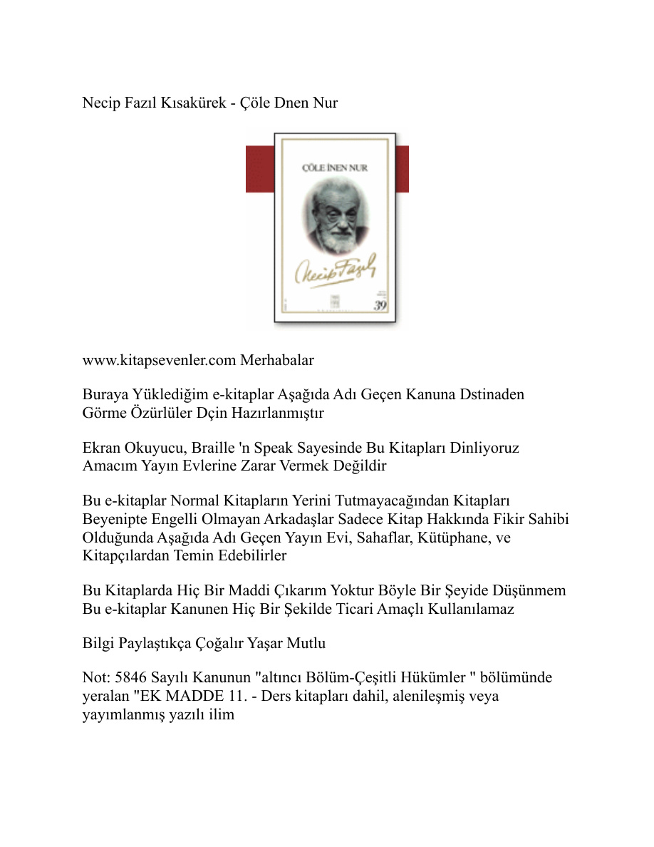 Çöle İnen Nur PDF – Necip Fazıl Kısakürek