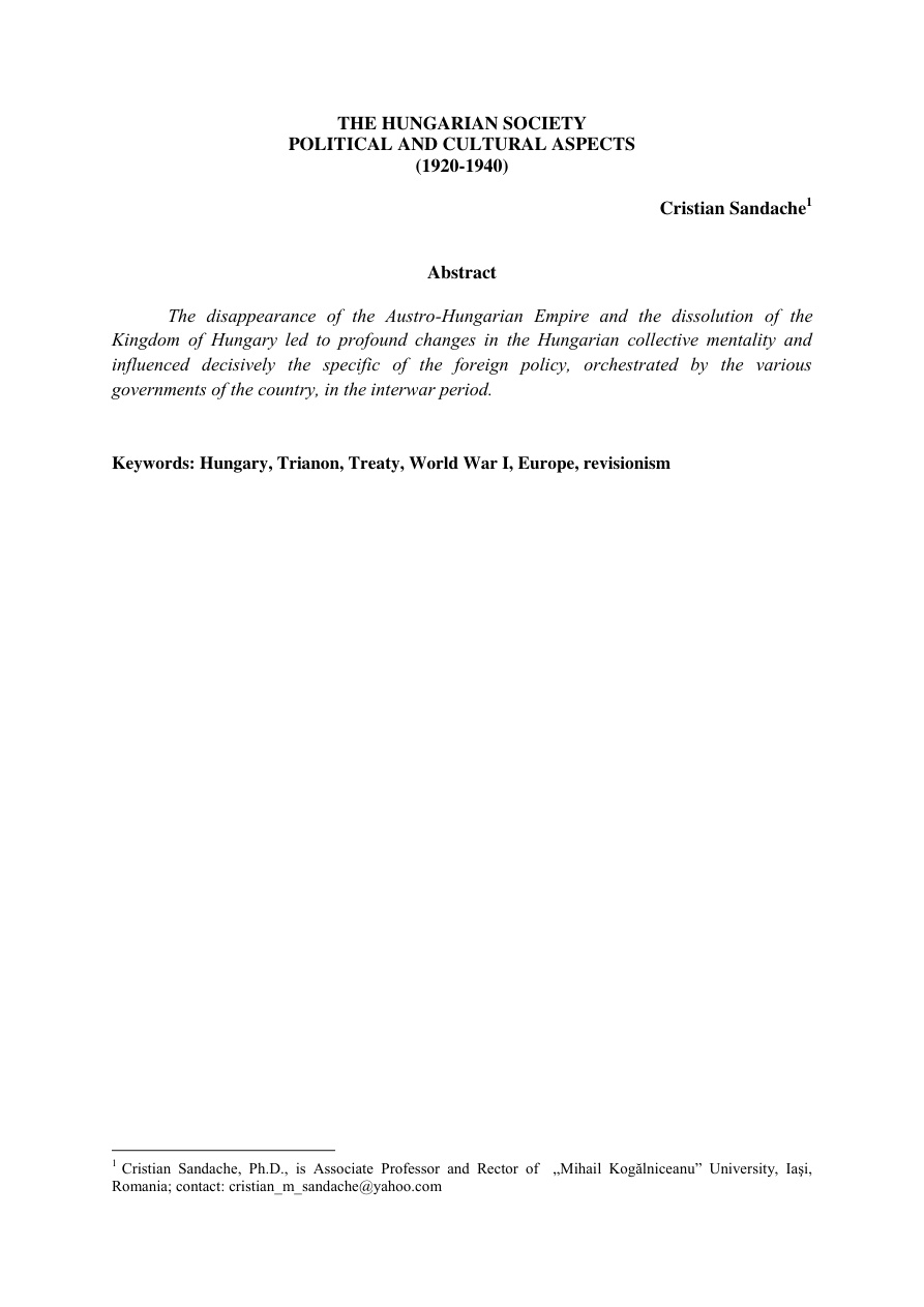 The Hungarian Society Political and Cultural Aspects (1920-1940) PDF – Cristian Sandache