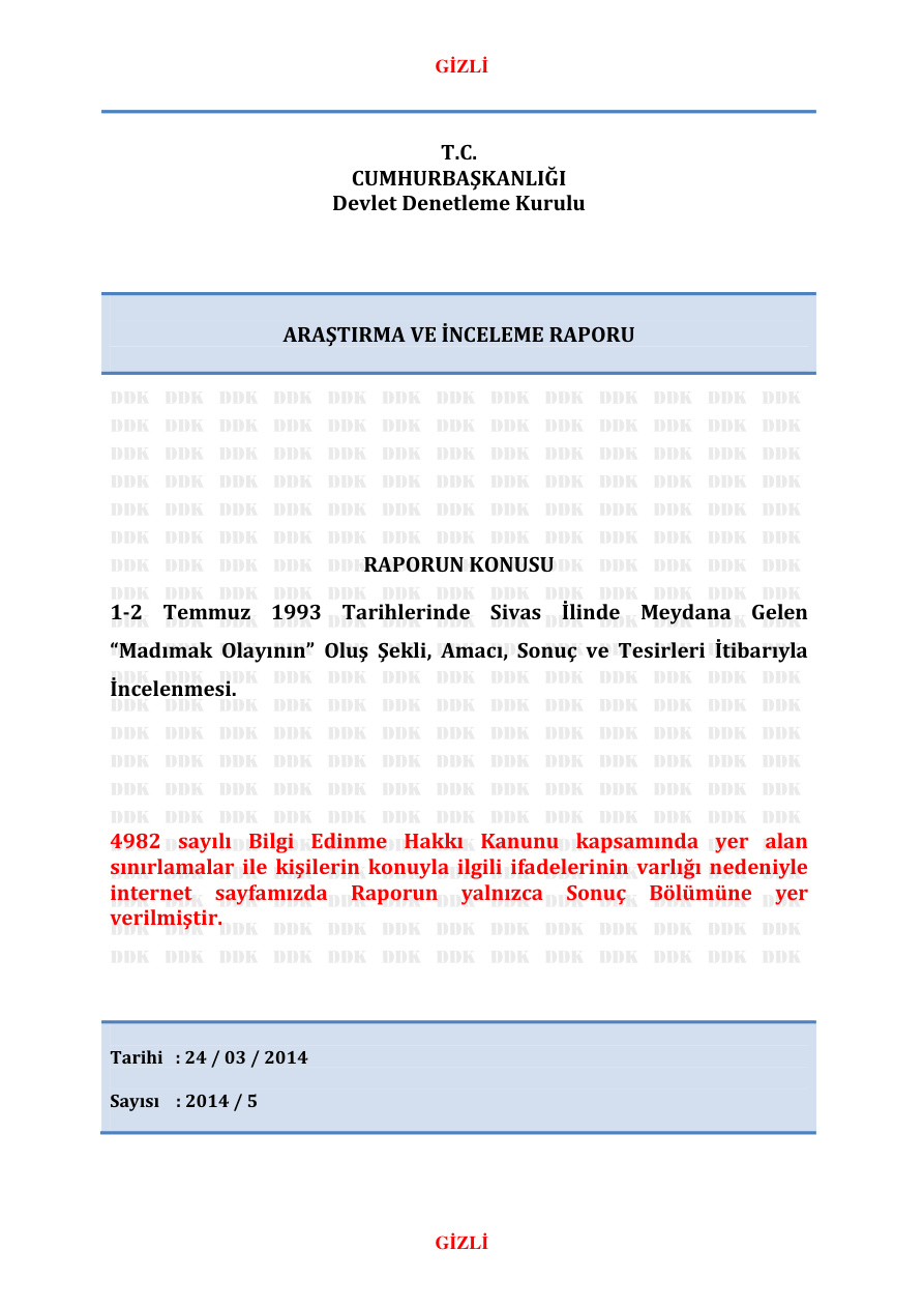 Madımak Olayı Araştırma ve İnceleme Raporu PDF – Cumhurbaşkanlığı Devlet Denetleme Kurulu (Kolektif)