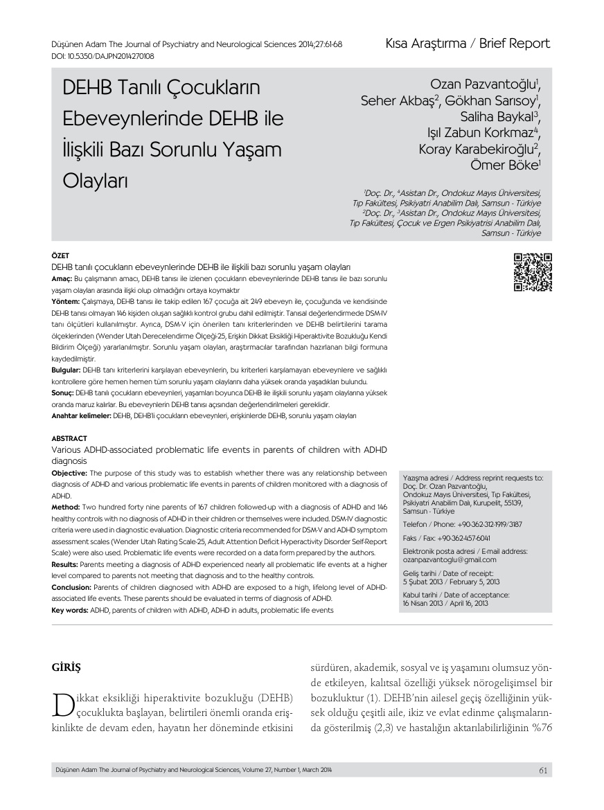 DEHB Tanılı Çocukların Ebeveynlerinde DEHB ile İlişkili Bazı Sorunlu Davranışlar PDF – Kolektif / Klinik Araştırma