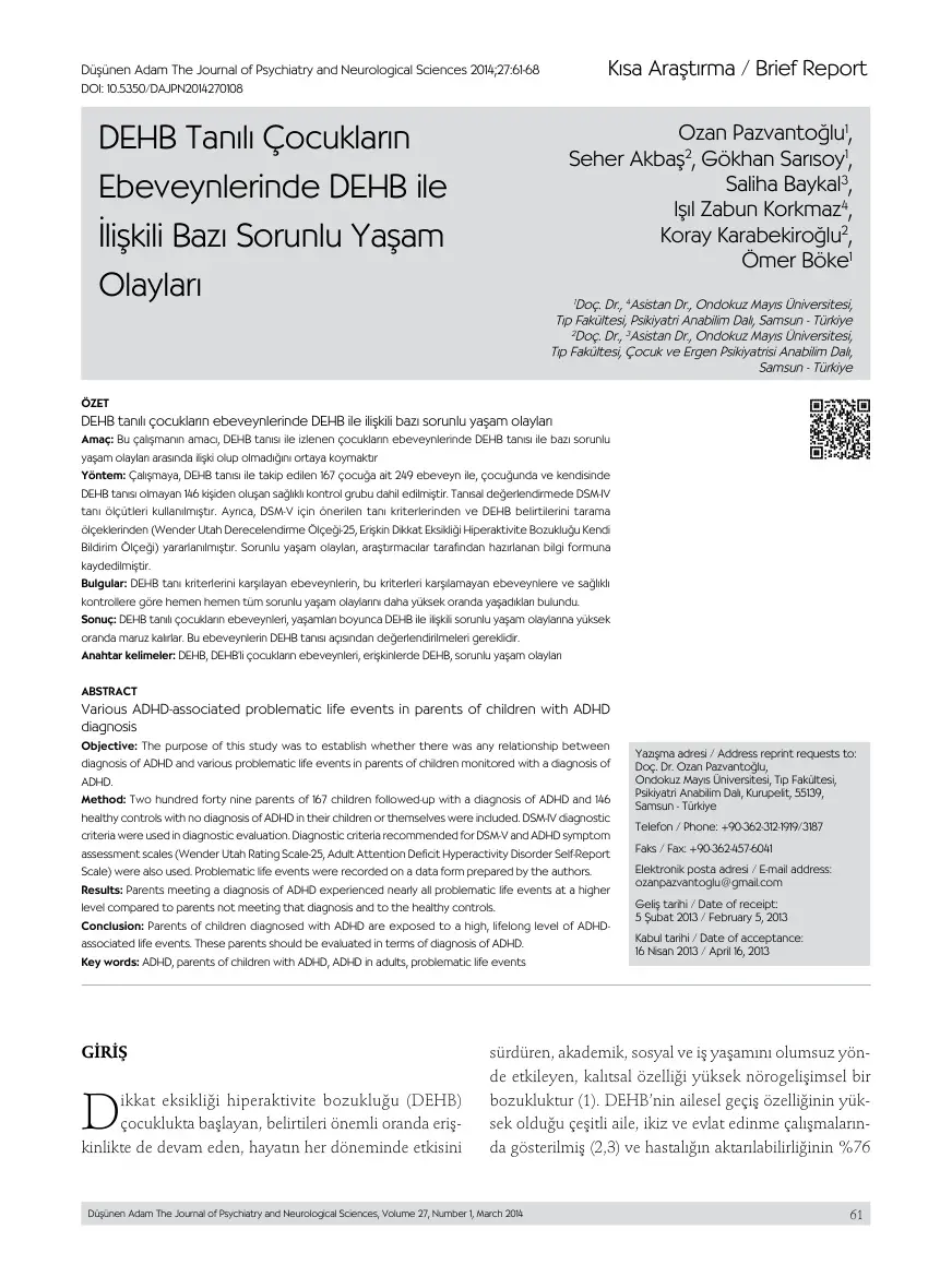 DEHB Tanılı Çocukların Ebeveynlerinde DEHB ile İlişkili Bazı Sorunlu Davranışlar PDF – Kolektif / Klinik Araştırma
