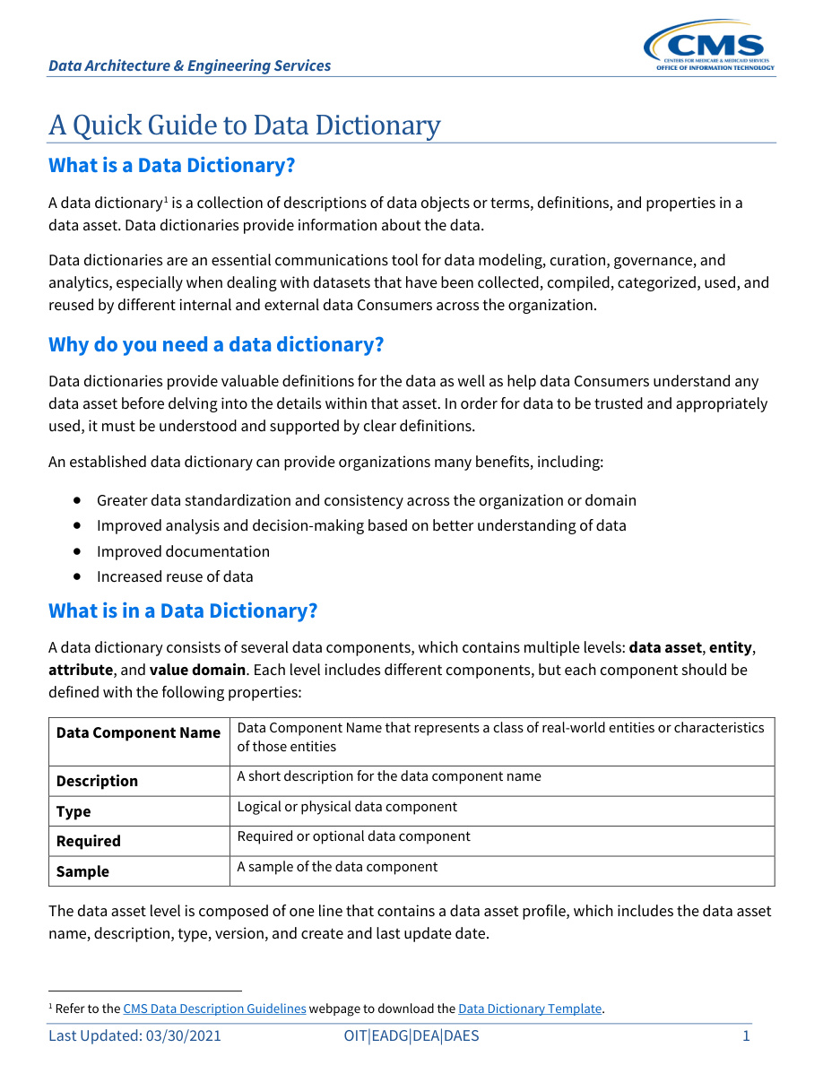 Data Dictionary Quick Reference Guide PDF – Unknown