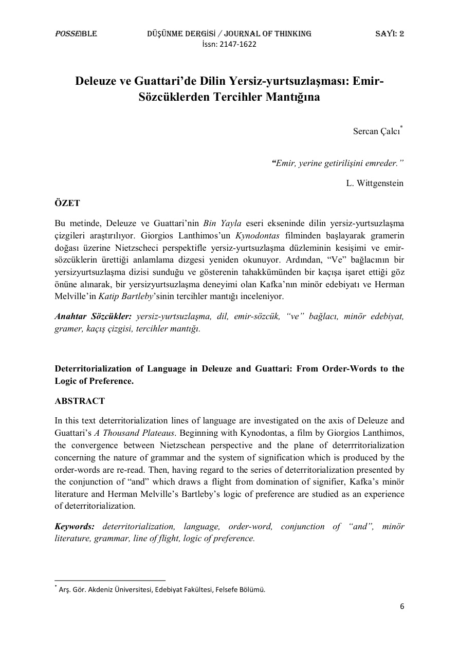 Deleuze ve Guattari’de Dilin Yersizyurtsuzlaşması PDF – Kolektif / Felsefe