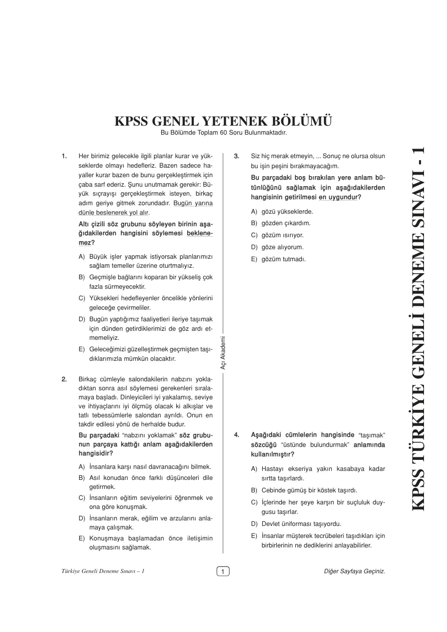 Deneme 1: KPSS Genel Yetenek PDF – Kolektif / Sınav Hazırlık
