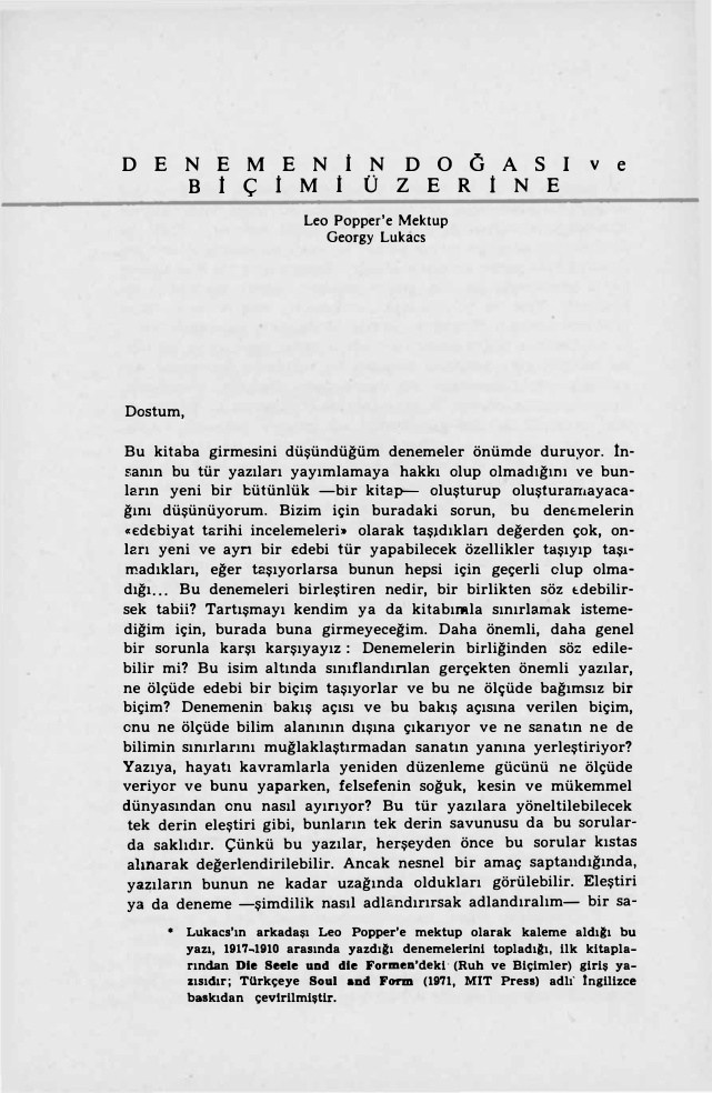 Denemenin Doğası ve Biçimi Üzerine PDF – György Lukács (Çev: Nurdan Gürbilek)