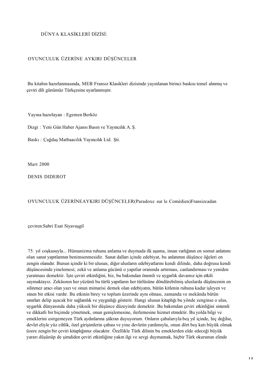 Oyunculuk Üzerine Aykırı Düşünceler PDF – Denis Diderot