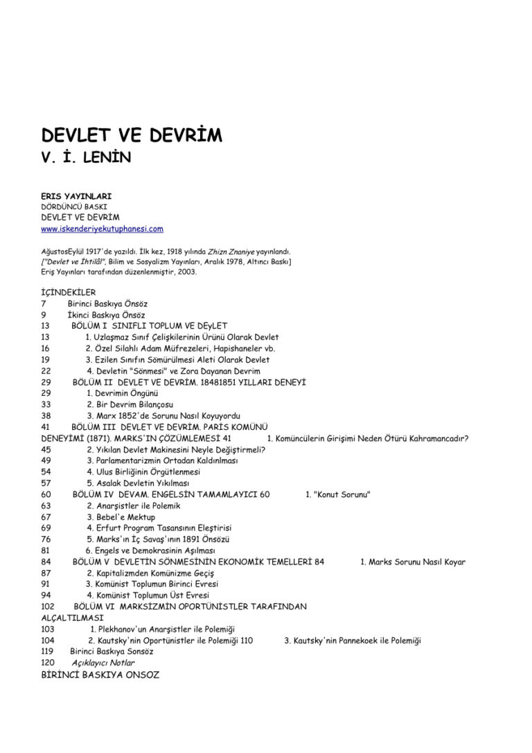 Devlet ve Devrim PDF - V. I. Lenin 11 DevletVeDevrim Lenin Kitap Kapağı