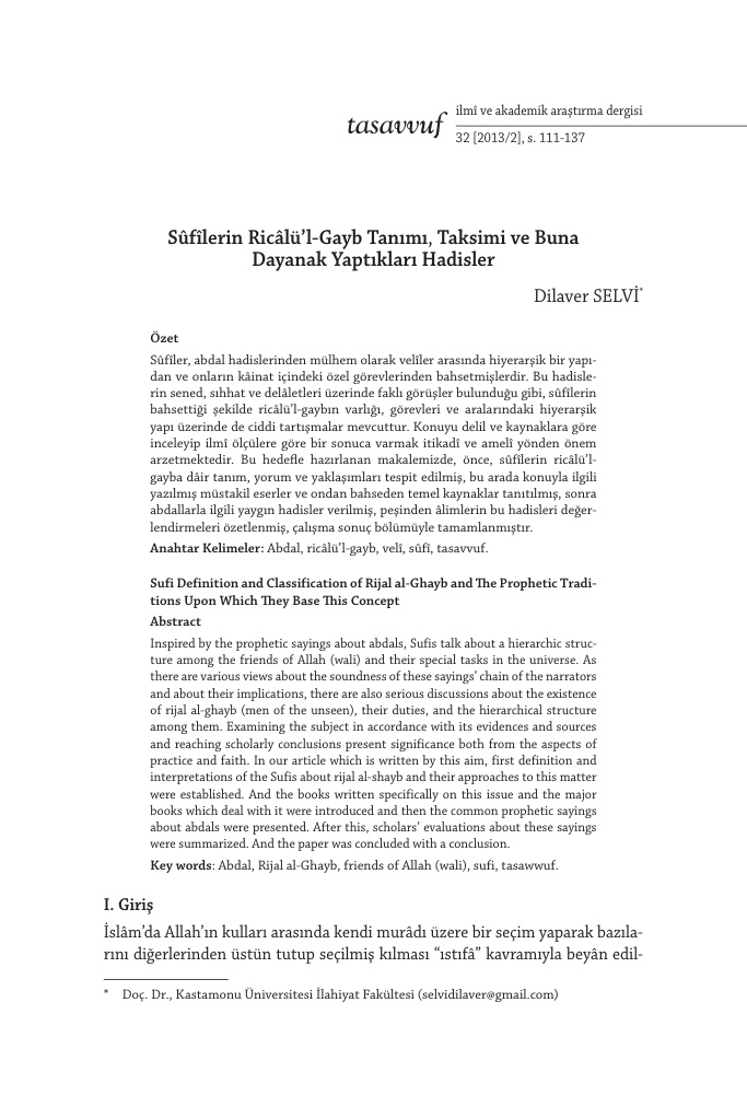 Sûfîlerin Ricâlü’l Gayb Tanımı PDF – Dilaver Selvi