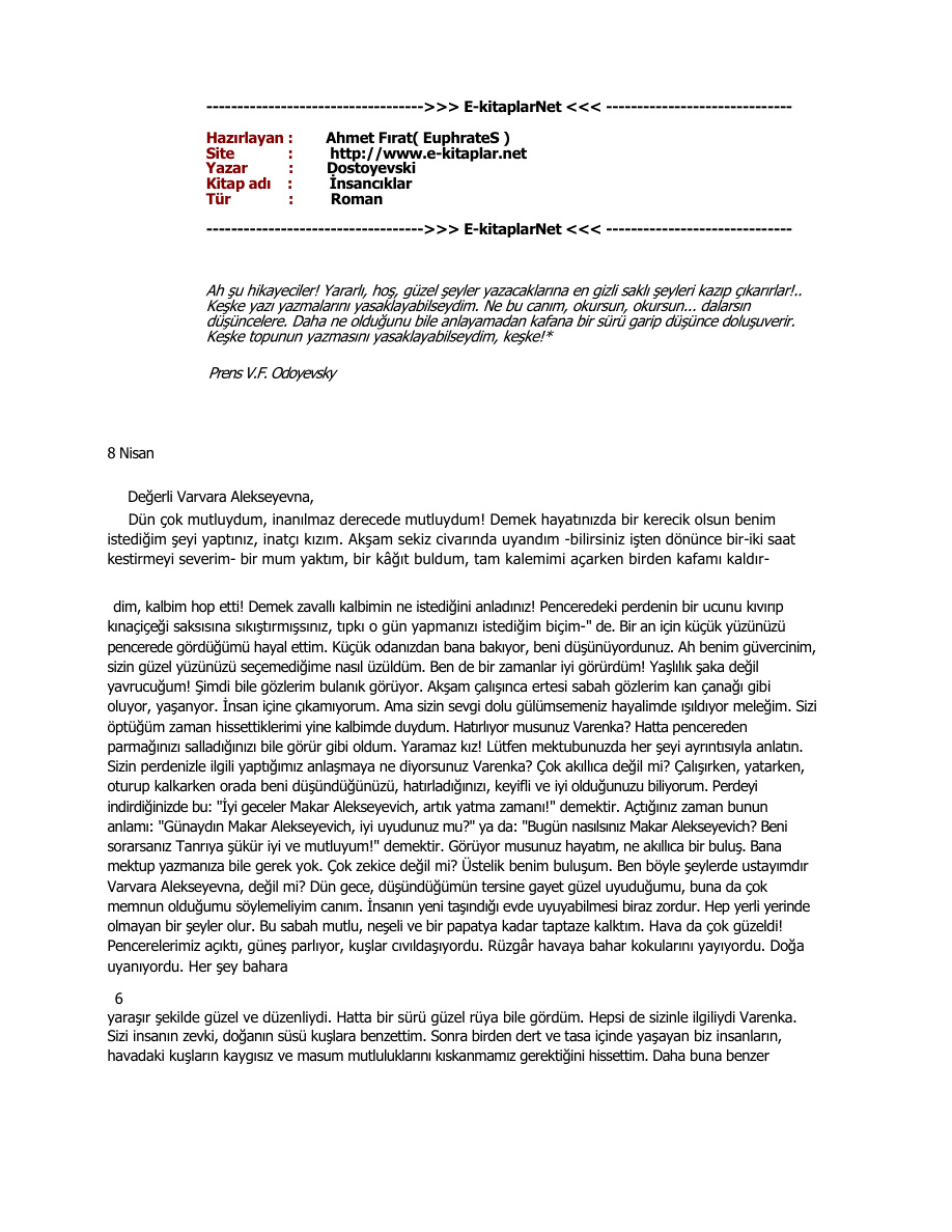 İnsancıklar PDF – Fyodor Dostoyevski