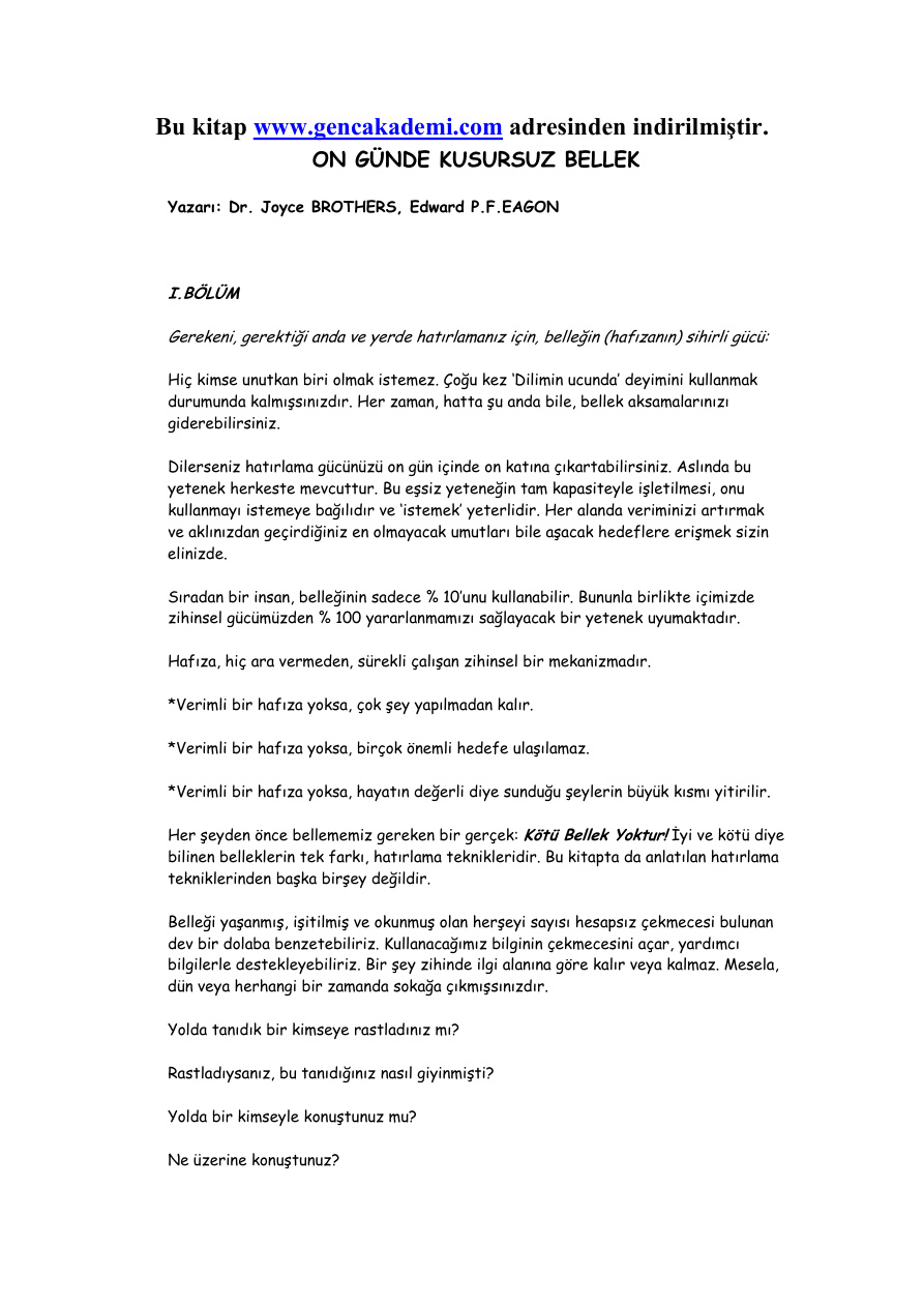 Kusursuz Bellek PDF – Dr. Joy Browne