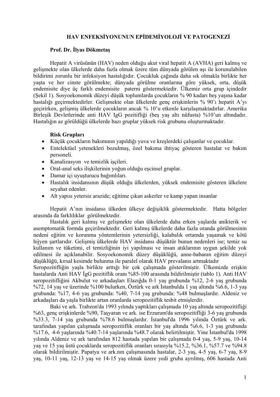HAV Enfeksiyonunun Epidemiyolojisi ve Patogenezi PDF – Dr. İlyas Dökmetaş