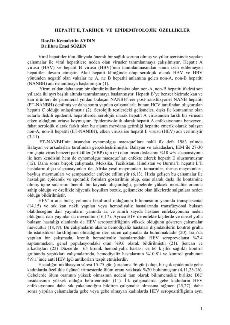 Dr. Kemalettın AYDIN Dr. Ebru Emel SOZEN HEPATİT E, TARİHÇE VE EPİDEMİYOLOJİK ÖZELLİKLER Kitap Kapağı