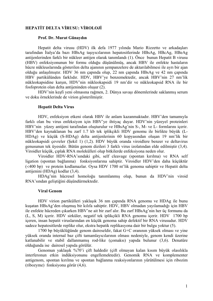 Hepatit Delta Virüsü Virolojisi PDF – Dr. Murat Günaydın