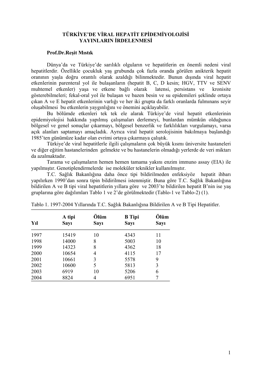 Türkiye’de Viral Hepatit Epidemiyolojisi PDF – Dr. Reşıt MISTIK