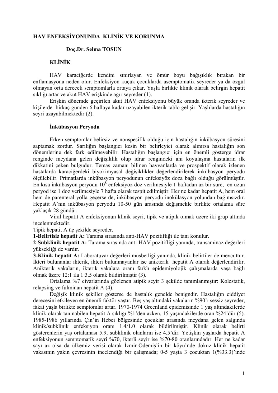 HAV Enfeksiyonunda Klinik ve Korunma PDF – Dr. Selma TOSUN
