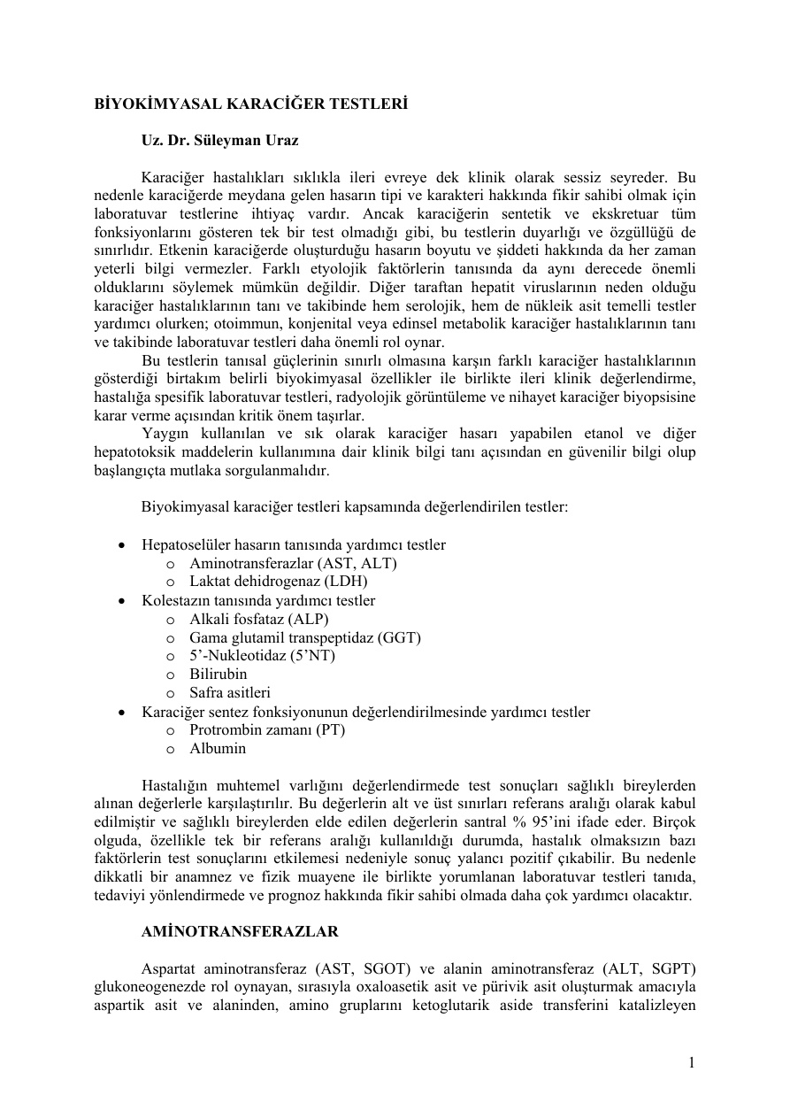 Biyokimyasal Karaciğer Testleri PDF – Dr. Süleyman Uraz