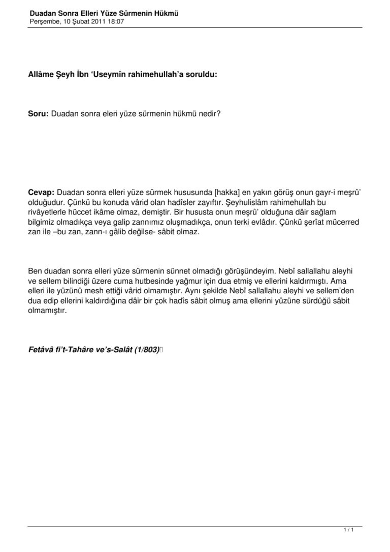 Duadan sonra elleri yuze surmenin hukmu = Ebu Abdulmumin = Mıhçı Kitap Kapağı