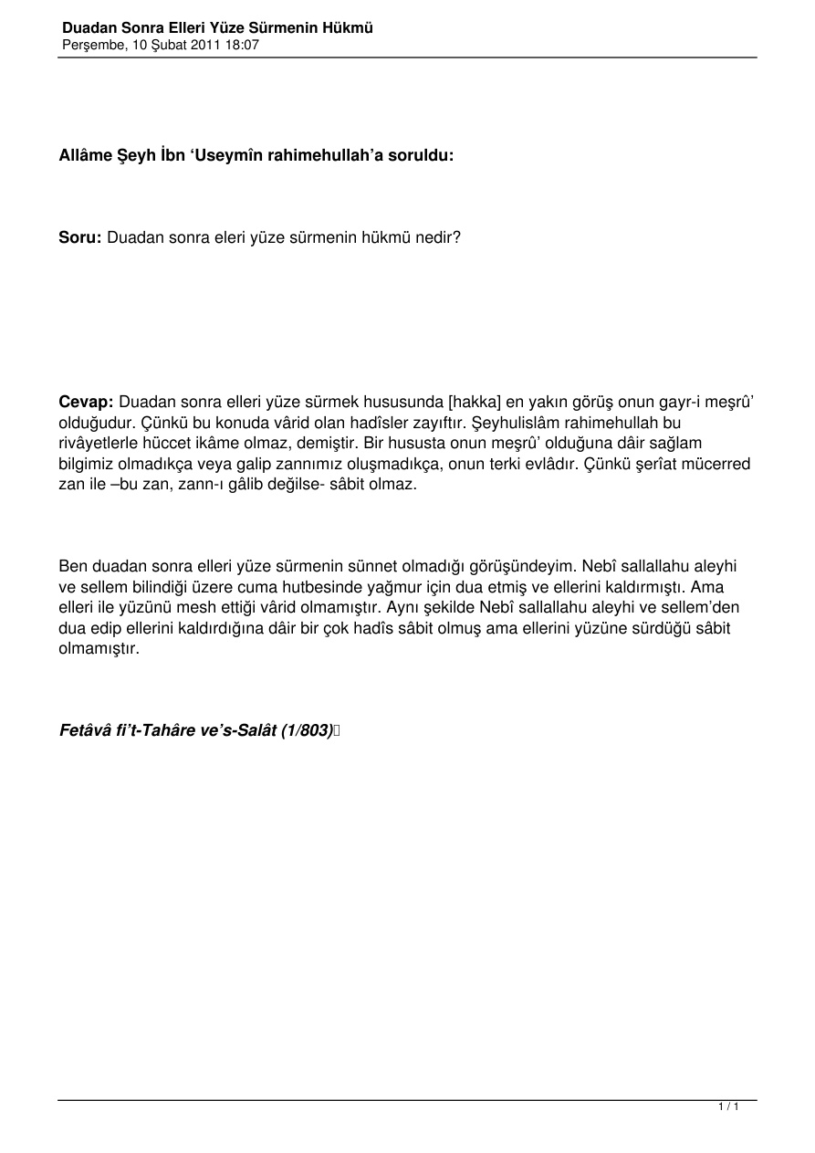 Duadan Sonra Elleri Yüze Sürmenin Hükmü PDF – Ebu Abdulmumin (Mıhçı)