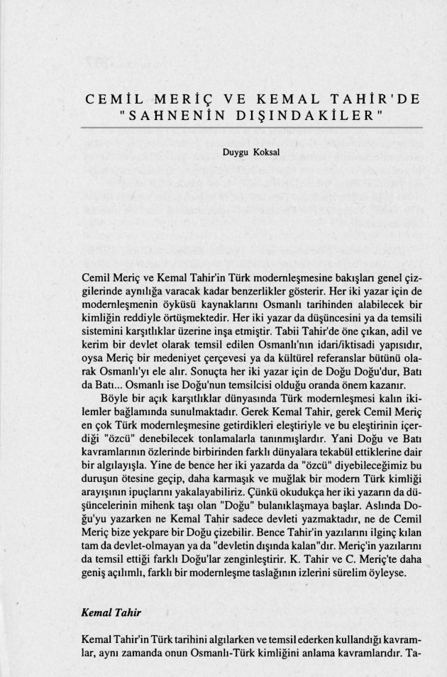 Cemil Meriç ve Kemal Tahir’de ‘Sahnenin Dışındakiler’ PDF – Duygu Köksal