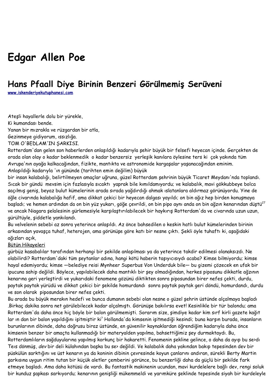 Hans Pfaall Diye Birinin Benzeri Görülmemiş Serüveni PDF – Edgar Allan Poe