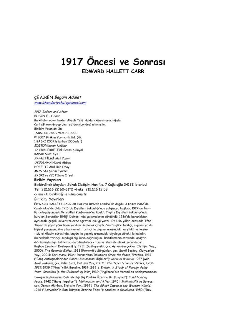 Edward Hallett Carr 1917 Öncesi ve Sonrası Kitap Kapağı