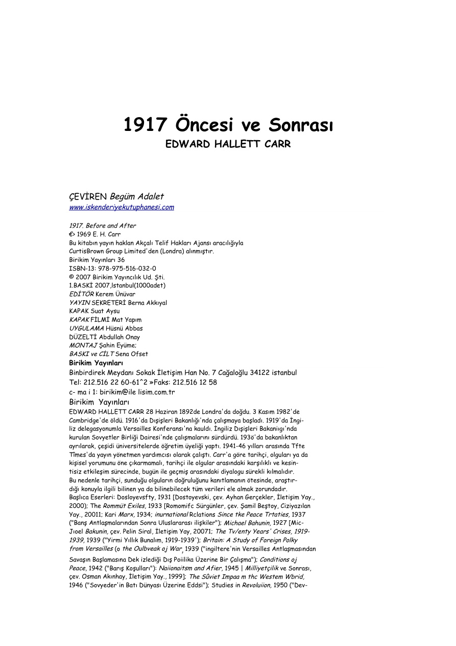 1917 Öncesi ve Sonrası PDF – Edward Hallett Carr