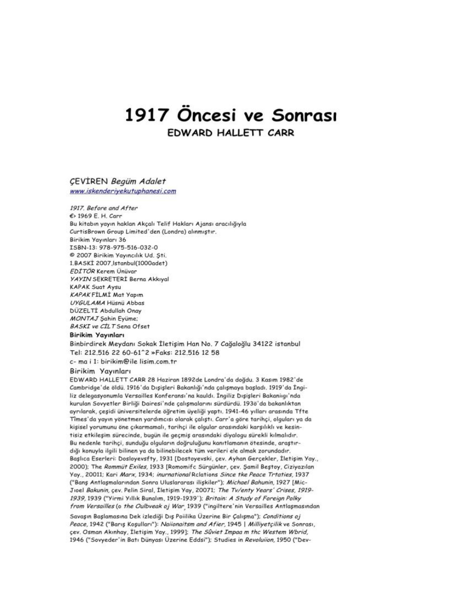 1917 öncesi ve sonrası PDF – Edward Hallett Carr & Begum Adalet