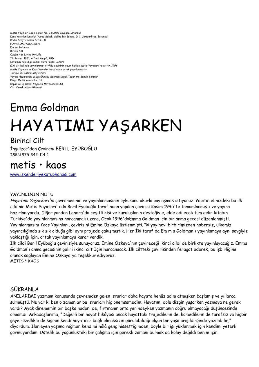 Hayatimi Yasarken 1 PDF – Emma Goldman