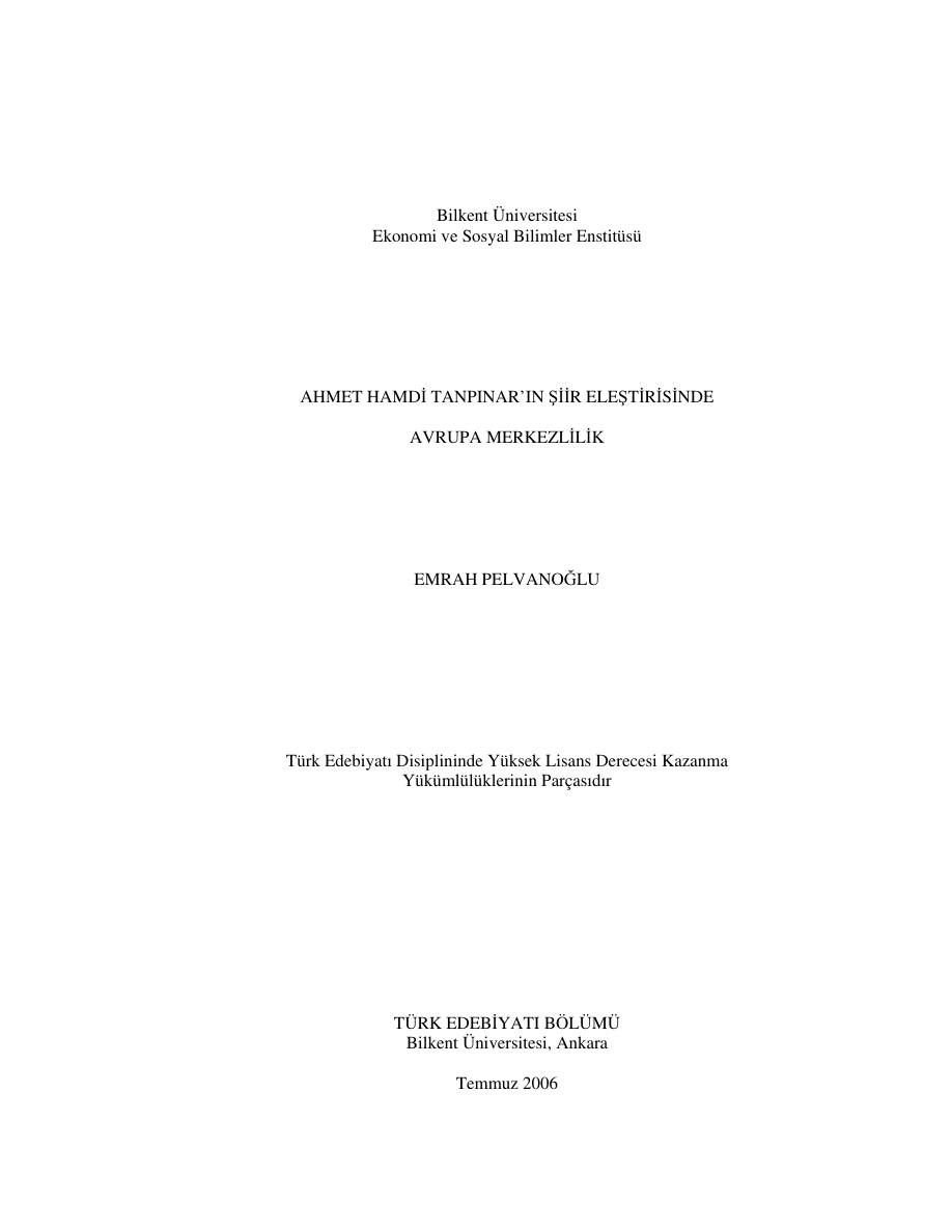Ahmet Hamdi Tanpınar’ın Şiir Eleştirisinde Avrupa Merkezlilik PDF – Emrah Pelvanoğlu