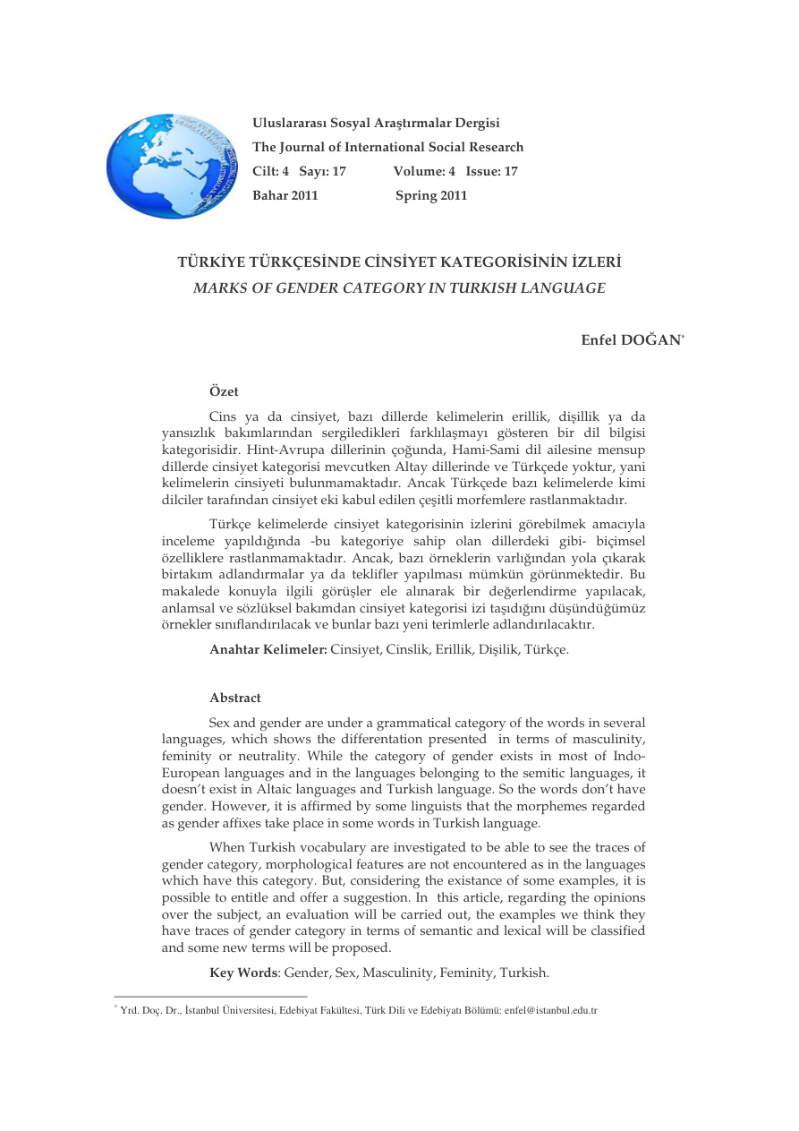 Türkiye Türkçesinde Cinsiyet Kategorisinin İzleri PDF – Enfel Doğan