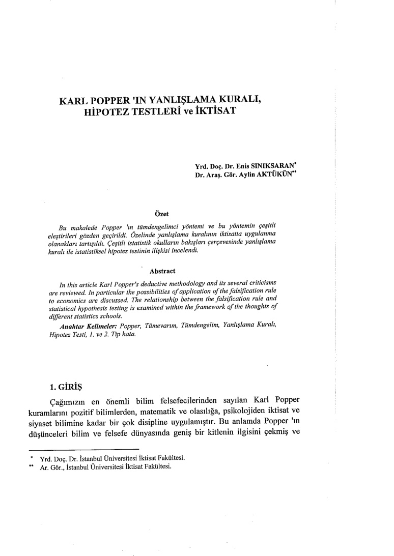 Karl Popper’in Yanlışlama Kuralı Hipotez Testleri ve İktisat PDF – Enis Sırıksaran