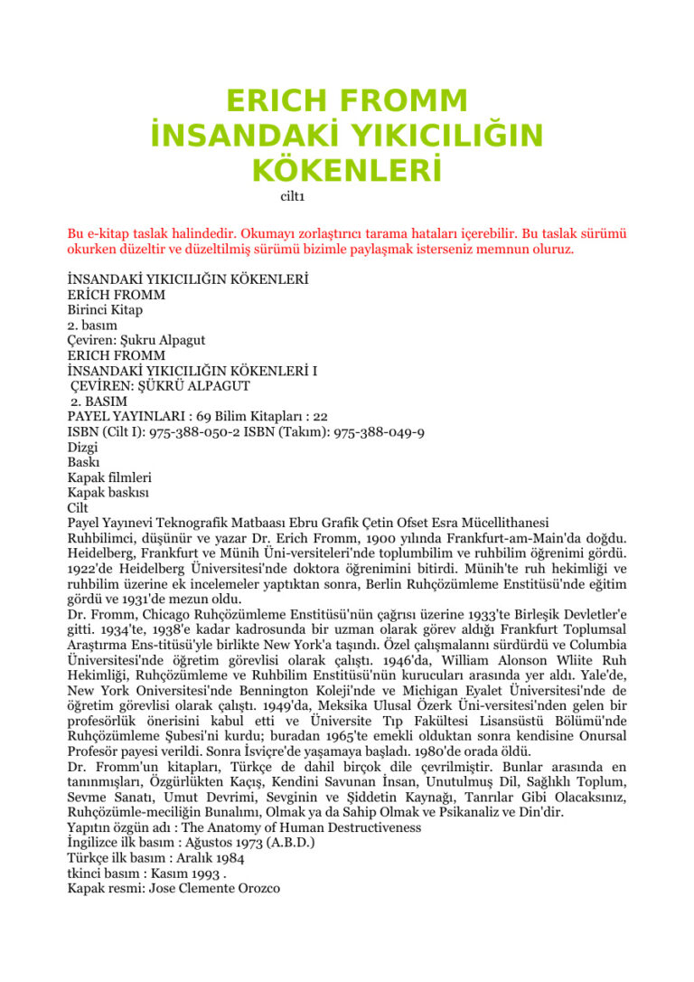 Erich Fromm İnsandaki Yıkıcılığın Kokenleri 1 Kitap Kapağı