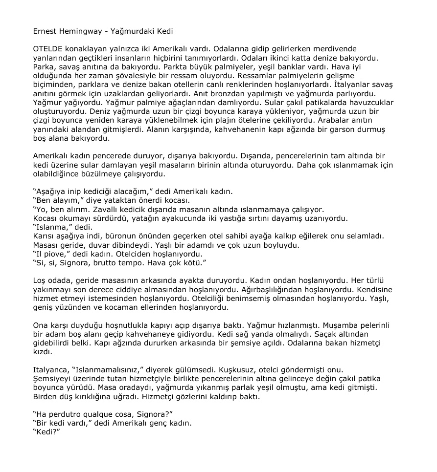 Yağmurdaki Kedi PDF – Ernest Hemingway
