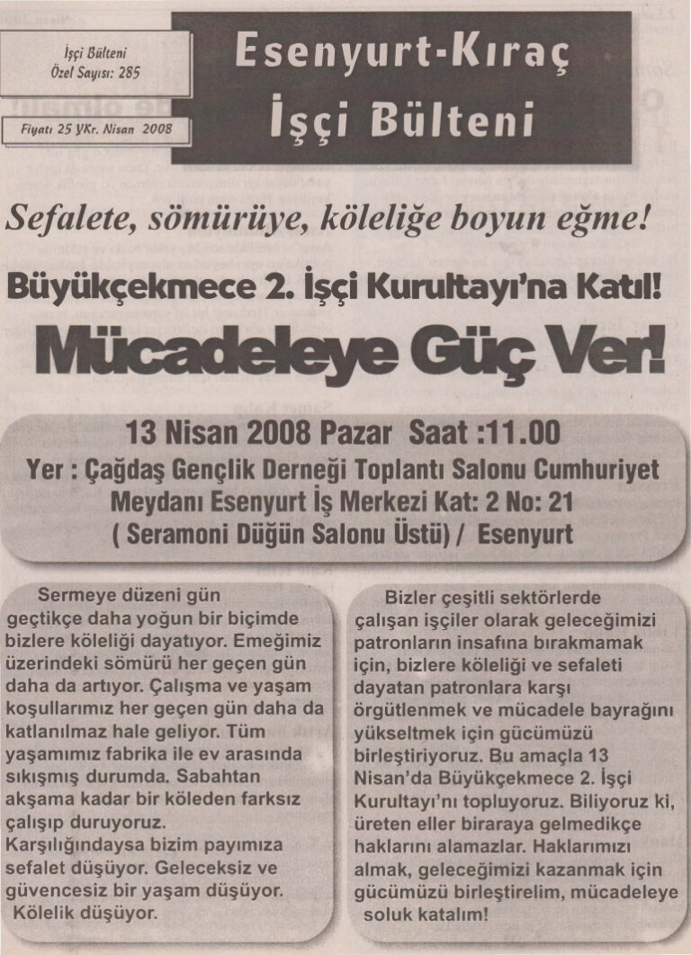 Esenyurt İşçi Bülteni İşçi Bülteni Özel Sayı 285 Nisan 2008 Kitap Kapağı