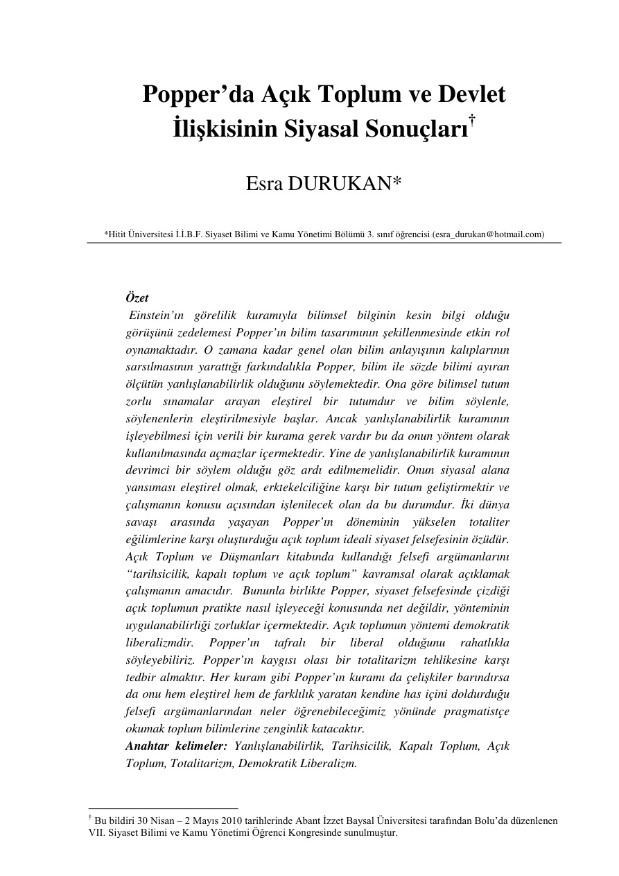 Popper’da Açık Toplum ve Devlet İlişkisinin Siyasal Sonucları PDF – Esra Durukan