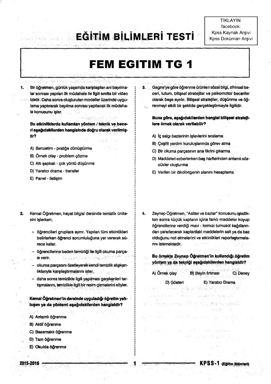 Fem 2016 Tg1 Egitim PDF – FEM Yayınları