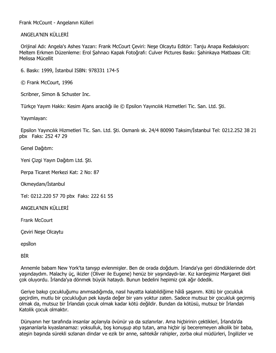 Angela’nın Külleri PDF – Frank McCourt