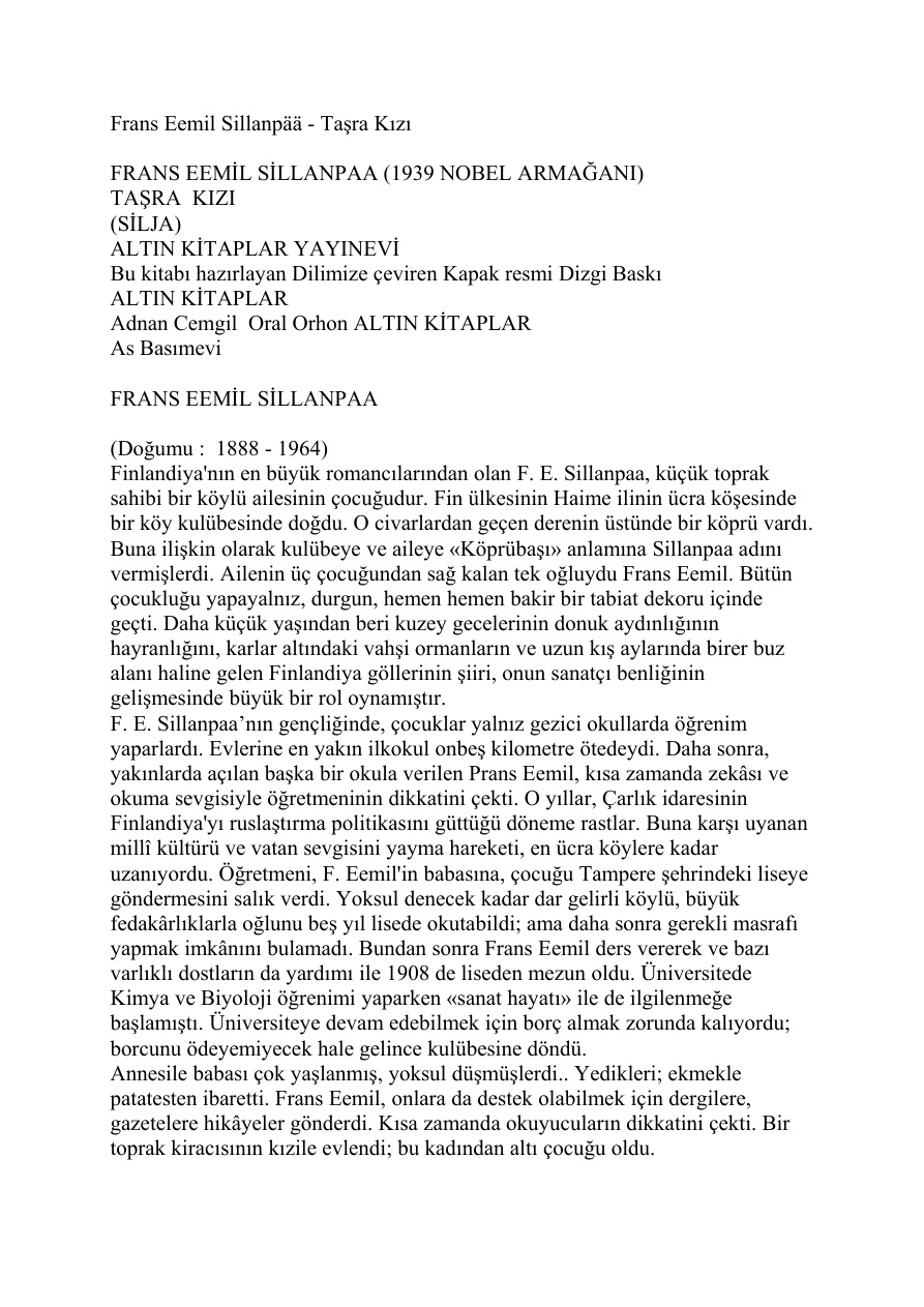 Tasra Kizi PDF – Frans Emil Sillanpää