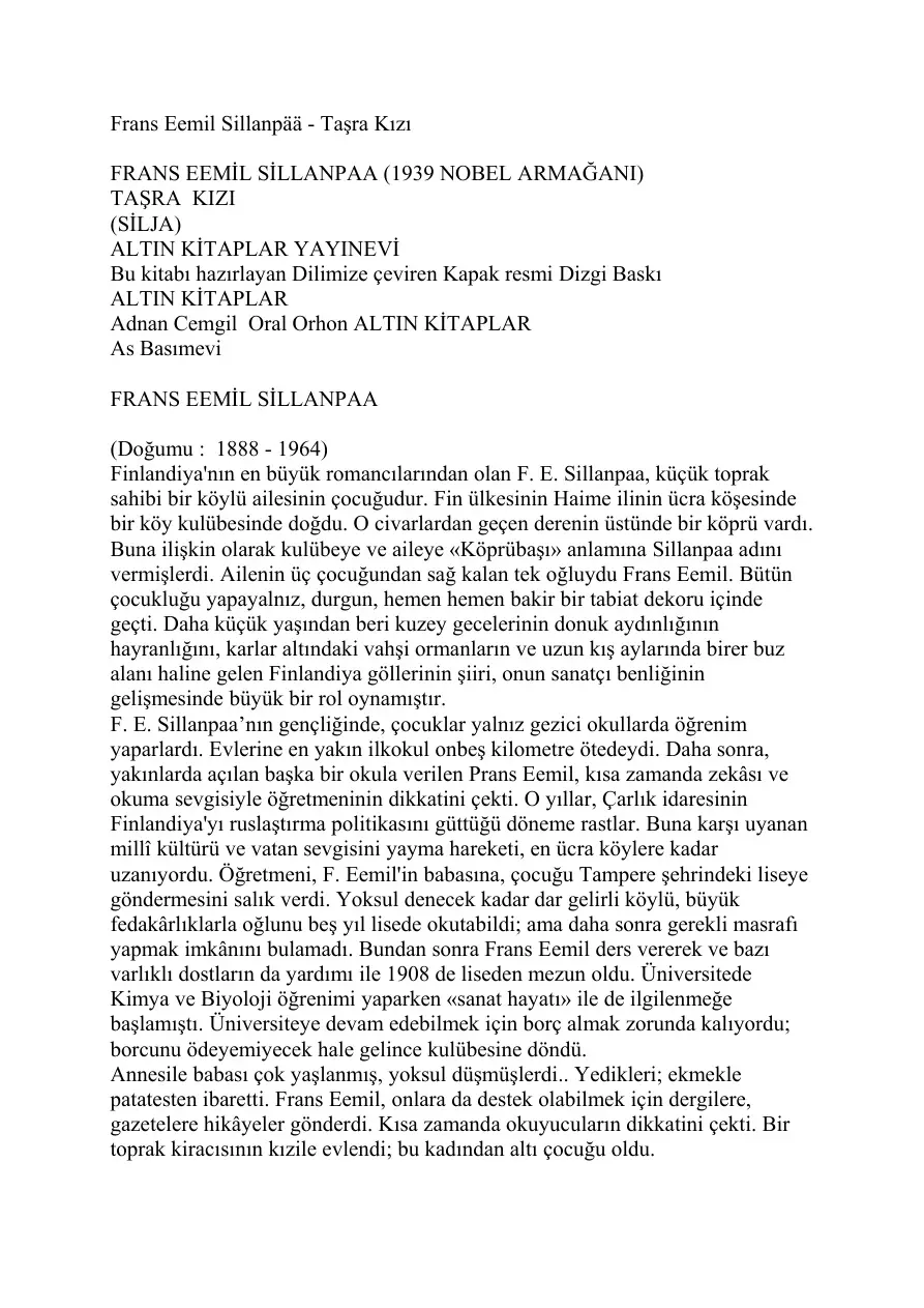 Tasra Kizi PDF – Frans Emil Sillanpää