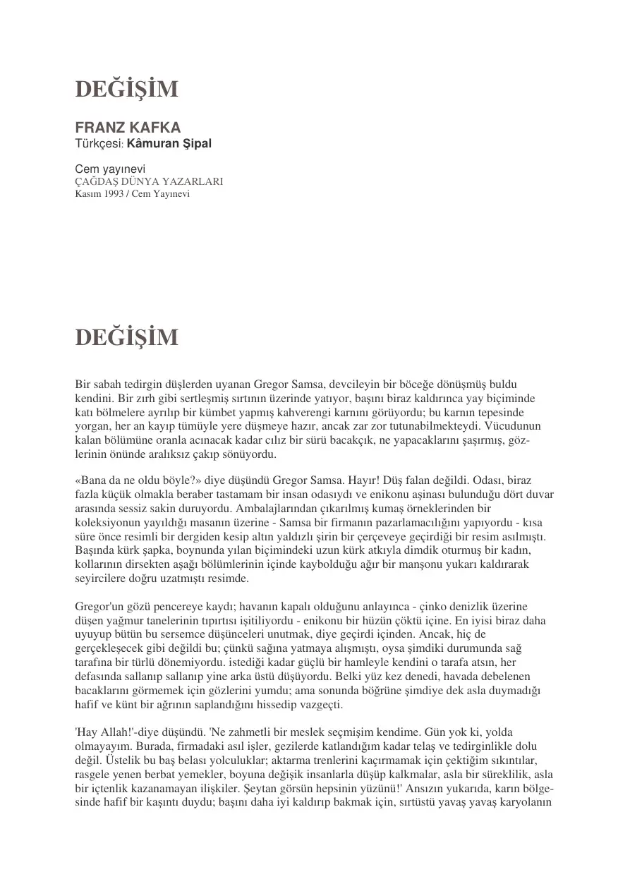 Değişim PDF – Franz Kafka