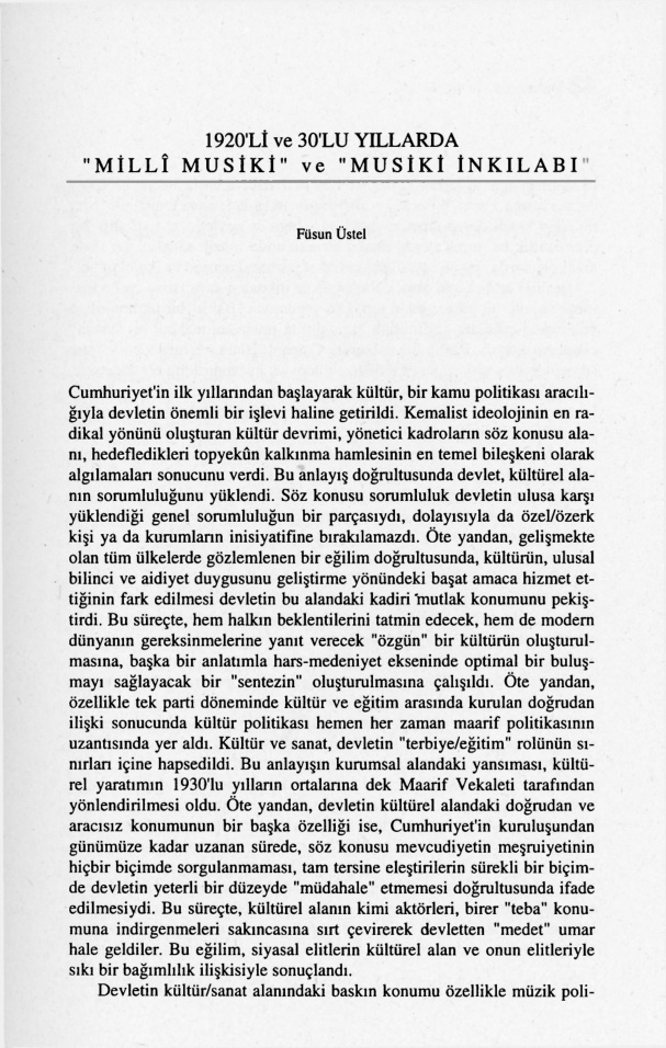 1920’li ve 30’lu Yıllarda Millî Musiki ve Musiki İnkılabı PDF – Füsun Üstel