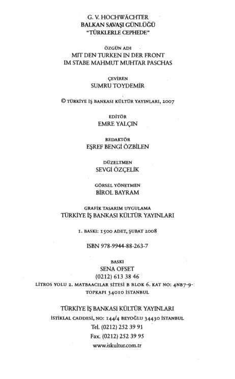 G. V. Hochwachter Balkan Savaşı Günlüğü İş Bankası Yayınları Kitap Kapağı